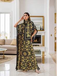 1 套时尚印花仿丝泳衣罩衫和头巾，适合海滩、度假、长袍、头巾、朴素长袍