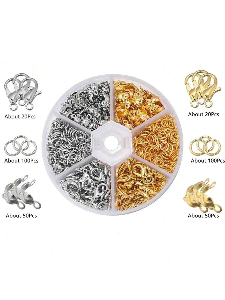 340pcs Accessories 6-Grid Box Assortment: Lobster Clasps, O-Rings, Cord Ends. DIY Jewelry Making Tool Set, Jewelry Making Kit, Versatile Beading Supplies