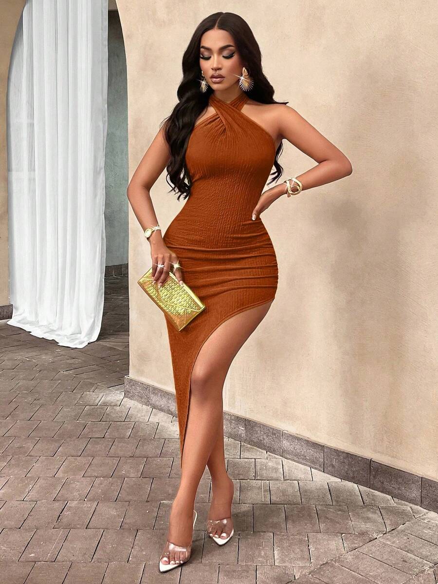 AIJ Amarilo Women's Summer Solid Color Sexy Cross Halterneck Open Back Off-The-Shoulder Flared High Slit Tight Hip Dress - Mocha Brown - View 1