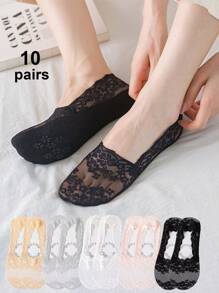 10 Pairs Women Breathable Silicone Non-Slip Invisible Anklet Socks, Fashionable Sheer Lace Short Socks, Summer