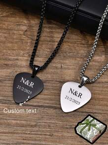 2 件定制文字不锈钢光滑吉他拨片吊坠情侣吊坠项链 - 个性化时尚，全球畅销品 - 黑色+銀色 - 查看 1