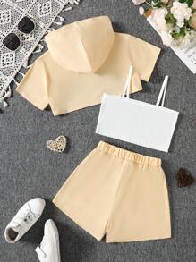 Set casual esterno per ragazze adolescenti, composto da 3 pezzi: top con cappuccio a maniche corte, canotta con stampa a cuori e pantaloncini con stampa a cuori, outfit di moda per ragazze