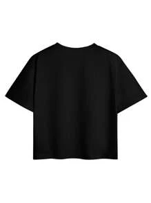 Damen Sommer Neu USA Bedrucktes Rundhals Kurzarm Lässig T-Shirt, modisch und vielseitig, geeignet für den täglichen Trageauf Damen Grafiktops Weiß Schwarz - Schwarz - Übersicht 4