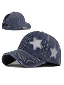 1pc Women Embroidered Five-Pointed Star Washed Ponytail Ripped Baseball Cap, Adjustable Outdoor Sun Hat Suitable For Spring, Autumn, Travel, Beach, Vacation, Also Fits Men, Y2K Style