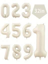 1pc 32-Inch Cream-White Number Balloon, For Birthday Anniversary Party Decoration, Foil Balloon, Birthday Photo Prop, Birthday Party Anniversary Party Scene Decoration, Room Decoration, Indoor Decoration, Gift Ceremony Decoration, 1st Birthday Party Decoration