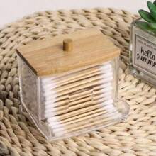 1 pieza Soporte acrílico para hisopos de limpieza con tapa de bambú, dispensador de hisopos de limpieza pequeños y transparentes, organizador de bastoncillos de plástico, recipiente para palillos, organizador decorativo para el mostrador del baño