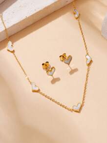 1 conjunto de colar e brincos de concha de aço inoxidável banhado a ouro e pingente de coração