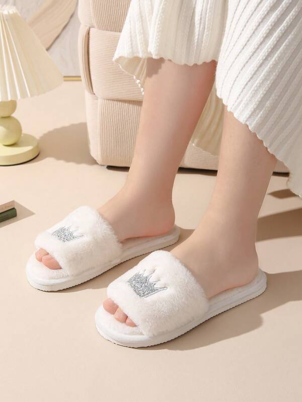 Women's New Embroidery Style Open Toe House Slippers, Plush Fabric, Quiet And Lightweight For Home Floor