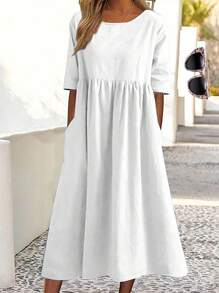Nuevo vestido de lino de talla grande, estilo casual y suelto, de unicolor, con mangas 5/10, de primavera/verano 2025 - Blanco - Ver 2