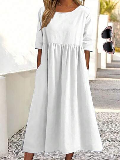 2025 春夏新品大码休闲宽松纯色 5/10 袖亚麻连衣裙