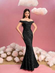 Vestido de noche de gala para adolescentes con hombros descubiertos, corte sirena con abertura alta y cola hasta el suelo - Vestido de fiesta formal sofisticado para adolescentes para galas, bailes de graduación, recepciones de boda, eventos de alfombra roja y cenas de etiqueta - Negro - Ver 6