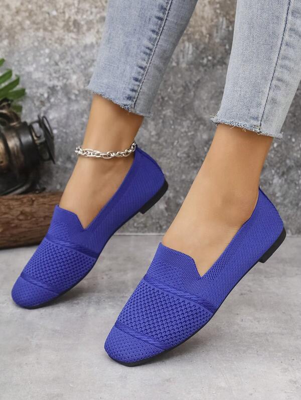 Chaussures plates en tricot à bout carré pour femmes, chaussures confortables et respirantes pour maman, idéales pour le printemps et l'automne