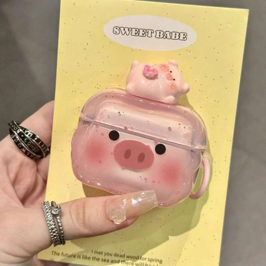 可爱小猪脸保护套，兼容苹果4/2/3、Pro2耳机，柔软硅胶材质，适合作为礼物送给她 - 可愛豬臉+粉紅色扣 - 查看 1