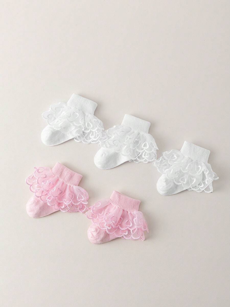 5 Pairs Infant Girls Lace Trim Socks, Simple & Practical Multifunction - Multicolor - View 1