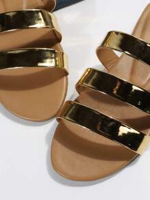 青少年休闲平底一脚蹬镂空金色条纹平底凉鞋，罗马风格，适合海滩、度假和波西米亚风 - 金色 - 查看 6