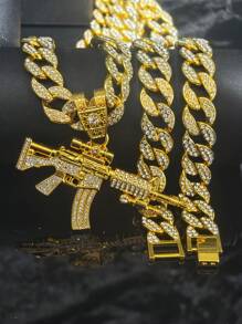 طقم مجوهرات شخصي للرجال من سبائك المعادن مرصع بالراين ستون 3D على شكل بندقية، قلادة، سوار، ساعة هدية، ملحقات أنيقة على الطراز الأوروبي والأمريكي لموسيقى الهيب هوب، علبة هدايا فاخرة