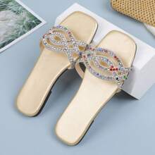 1 Pair Teens' Gold Color Crystal & Rhinestone Decorated Strap Slides, Soft Non-Slip Sole