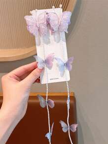 2pcs Vintage Handmade Butterfly Pearl Tassel Hair Clips For Girls, Sweet Princess Hair Accessories Pearl Chain Hair Clips - Multicolor - View 13