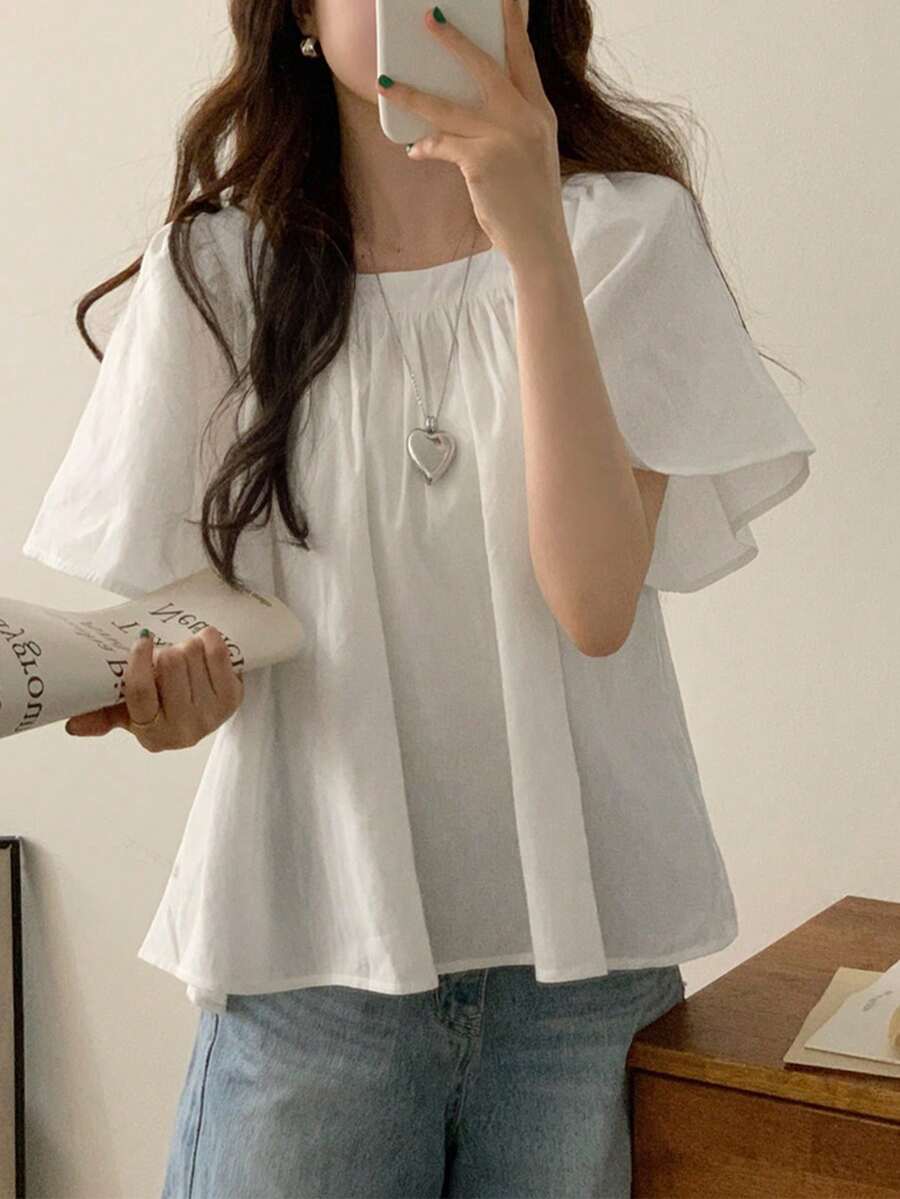 YCYC 女款夏季純色極簡休閒寬鬆百褶方領襯衫 白色 - 白色 - 查看 1