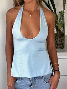 Women's Sexy Halter Neck Tank Tops Y2K Tie Back Tops Solid Color Crop Tops Slim Fit Vest Top Satin Tank Tops Party Shirts Going Out Tops - 淺藍色 - 查看 1
