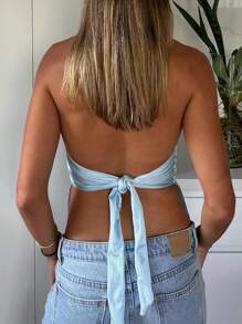 Women's Sexy Halter Neck Tank Tops Y2K Tie Back Tops Solid Color Crop Tops Slim Fit Vest Top Satin Tank Tops Party Shirts Going Out Tops - 淺藍色 - 查看 3