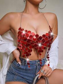 Simple Fashion Metal Chain Sequin Spaghetti Strap Cami Top, Suitable For Summer - Red - View 7