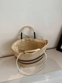 1 pieza Bolso de mano de mujer bicolor, bolso de hombro de gran capacidad tejido de paja para ir de compras, playa y uso diario