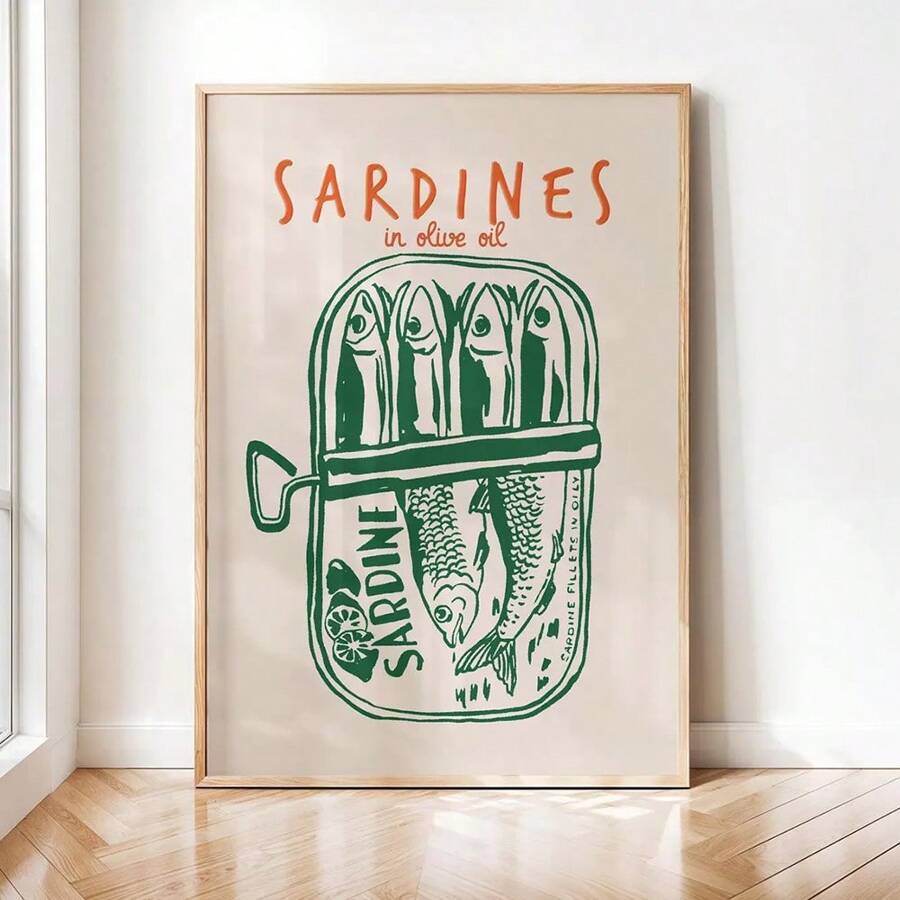 1pc Unframed Green Vintage Sardine Fish Wall Art Print - Retro Kitchen Decor Poster For Seafood Restaurant, Bar Cart, Modern Home - Minimalist Painting For Living Room & Dining Room Decorations - Multicolor - View 1