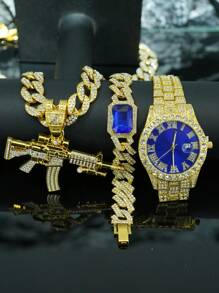 طقم مجوهرات شخصي للرجال من سبائك المعادن مرصع بالراين ستون 3D على شكل بندقية، قلادة، سوار، ساعة هدية، ملحقات أنيقة على الطراز الأوروبي والأمريكي لموسيقى الهيب هوب، علبة هدايا فاخرة