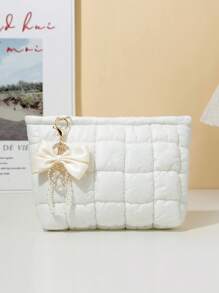 1 Uroczy wisiorek z kokardą z pereł + Modna torebka kopertówka w kratkę, swobodna torebka kopertówka, ciepła pluszowa torba puchowa, elastyczne szwy do przechowywania makijażu, pikowana torba, wygodna torba, zimowa torba do przechowywania makijażu, kosmetyczka, mini torba, mała kosmetyczka, akcesoria, stojak na kosmetyki, kosmetyczka, kosmetyczka, niezbędne rzeczy w podróży, akcesoria damskie, przybory podróżne, kosmetyczka, kosmetyczka, kosmetyczka