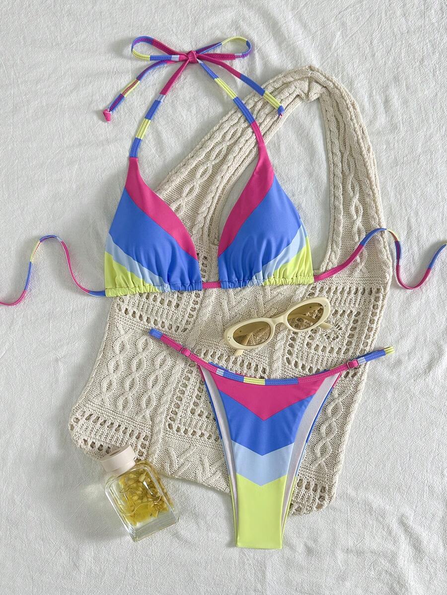 Ladies' New Western Style Elegant Sexy Beach Vacation Color-Blocked Print Backless Bikini Two Pieces Swimwear Set Summer - Multicolor - View 1