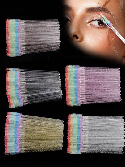 MyAoKuE-Up 50pcs Colorful Disposable Crystal Handle Eyelash Comb & Eyebrow Brush, Makeup Brushes For Beauty Salon And Home Use