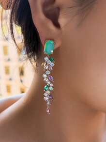 1 Pair Beautiful Multi-Color Cubic Zirconia Tassel Drop Leaf Shaped Long Dangle Earrings For Women, Gorgeous Wedding, Engagement, Pageant Jewelry