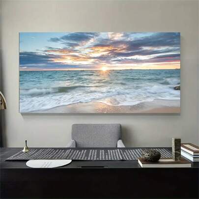 1 pieza Cartel de lienzo grande sin marco - Arte moderno, Arte de pared de playa, Impresión de paisaje marino de puesta de sol, Decoración de pared náutica costera para sala de estar, dormitorio, oficina en el hogar, baño - Obra de arte contemporánea para uso interior