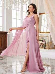 SUPGIR V-Neck Beaded Embroidery Sequin Ruched Batwing Sleeve Split Hem Chiffon Party Dress, Bridesmaid Dress - Pink - View 6