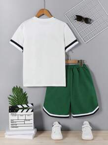 2 Stücke/Set modisches, simples Buchstabenprint Lässig Strick Sport Rundhals Kurzarm T-Shirt & Shorts Set für Jungen im Alter von 8-12 Jahren - Weiss - Übersicht 2