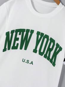 2 Stücke/Set modisches, simples Buchstabenprint Lässig Strick Sport Rundhals Kurzarm T-Shirt & Shorts Set für Jungen im Alter von 8-12 Jahren - Weiss - Übersicht 8