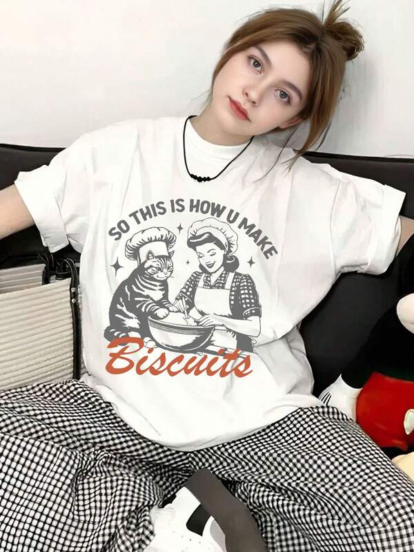 Women Tshirts Western Women Cute Cat Cooking Printing Graphic Tees Spring Women Oversized T Shirts Summer Tshirts Top