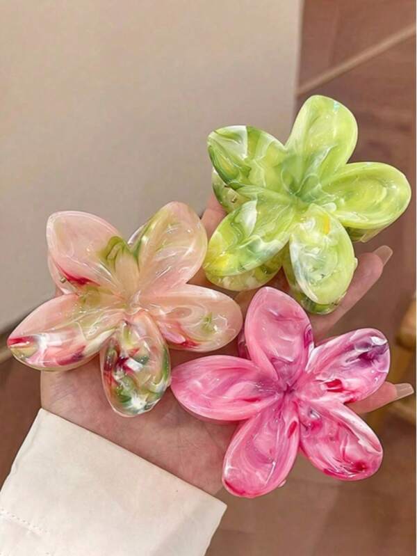 3pcs Women's Pink & Green Ombre Large 8cm/3.15in Flower Hair Clips, Lightweight Plastic, Fashion, Elegant, Simple, Solid Color, Suitable For Daily, Casual, Party, Commute, Vacation, Bun, Ponytail, Washing Face, Makeup, Outfit Accessory Valentine's Day
