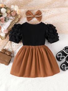 2 piezas Vestido acampanado negro de pana para niña con parches y decoración de mariposa, con cintura ceñida y mangas abullonadas, incluye lazo a juego para el cabello