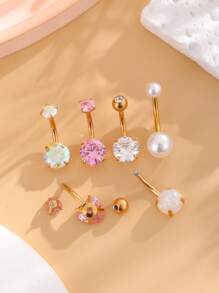 6 件套不锈钢双心形嵌入式肚脐锆石纽扣戒指，可爱人造珍珠穿孔首饰，适合女士