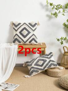 1件/2件套菱形图案抱枕套，北欧ins风摩洛哥簇绒刺绣，流苏装饰靠垫套，适用于家居、汽车、客厅、卧室、沙发，30*50厘米，45*45厘米（不含枕芯） - 灰色 - 查看 19