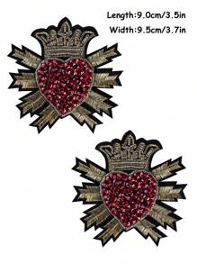 2pcs Red Girl Handmade Beading Crown Heart Patch, Personalized DIY Clothing Accessory Embroidery Sewing Iron-On Patch Applique Decoration Badges Brooch For Clothes, Shoes, Bags, Festival Party