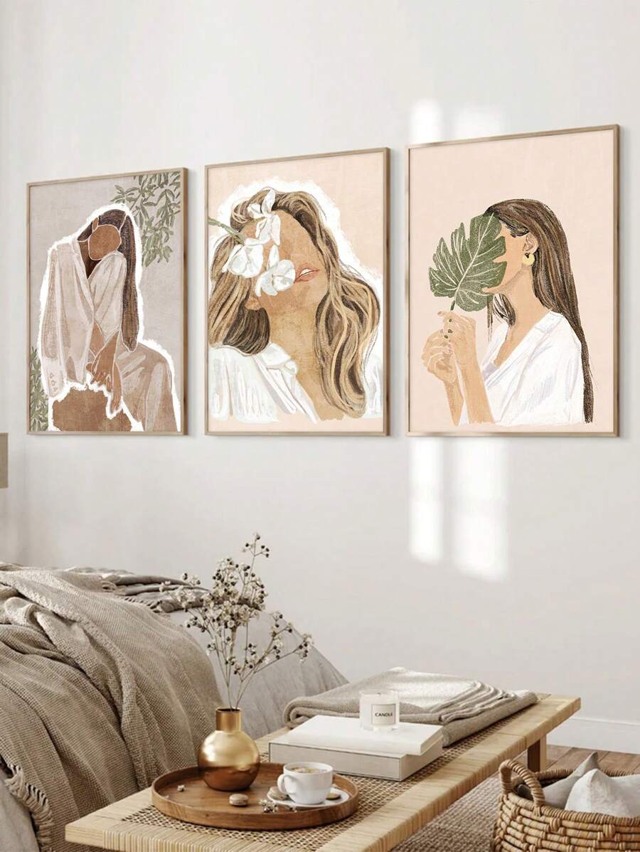 3 件套无框帆布墙面艺术拉伸，美丽女孩抽象海报适用于家庭客厅办公室装饰
