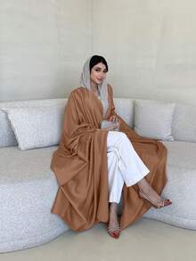 Women Solid Color Long Cardigan With Belt And Batwing Sleeves, Modest Middle Eastern Style Outwear For Autumn/Winter - No Headscarf - Khaki - View 4
