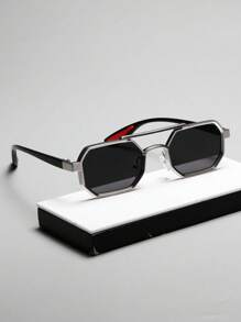 1pc Metal Double Bridge Square Frame Glasses, Fashionable Men's Outdoor Personalized Small Frame Eyeglasses - Multicolor - View 4