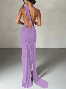Women's Elegant Solid Color One Shoulder Backless Fishtail Dress Party Summer - Violet Purple - View 5