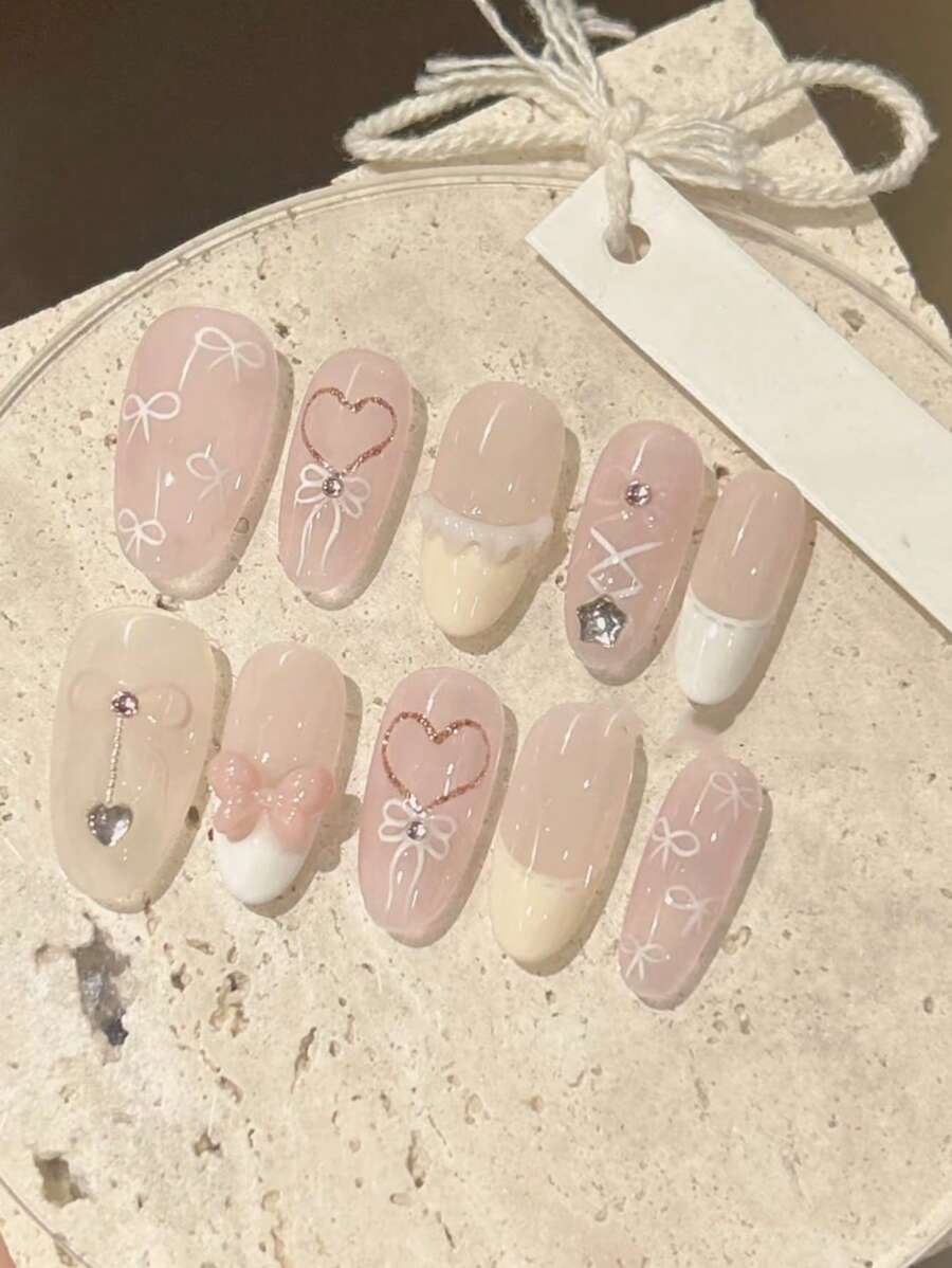 10 sztuk ręcznie robionych francuskich naklejek na paznokcie z motywem księżniczki zbiegłej, delikatny różowy kokardka i serduszko z frędzlami, do naklejania na paznokcie, artykuły do paznokci, paznokcie