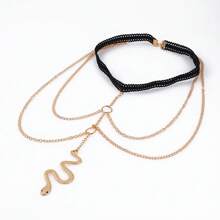 1pc Multi-Layer Gold Chain Tassel Snake Year Pendant On Black Cord Elastic Thigh Chain, Sexy And Stylish, Adjustable Size Fits Any Body Type - Gold - View 8