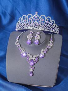 4 件优雅奢华水钻女王水晶皇冠项链耳环发饰套装，新娘婚礼头饰，女士公主舞会派对头饰
